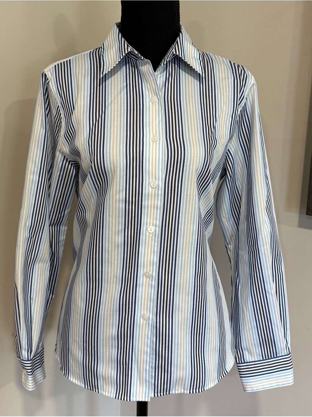 Foxcroft Navy and Light Blue Striped Button-Down Shirt